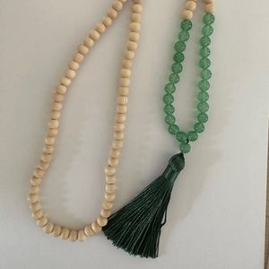 Wood and green bead silk tassel necklace